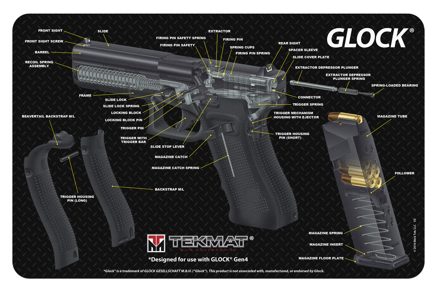 TekMat TEKR17GLOCKCA  Cleaning Mat Multi-Color Rubber 11"x17" Glock 3D Cutaway