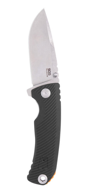 S.O.G SOG11060243 Tellus ATK 3.50" Folding Clip Point Plain Stonewashed Cryo 440C SS Blade/ Black Textured w/Orange Backspacer GRN Handle Includes Belt Clip