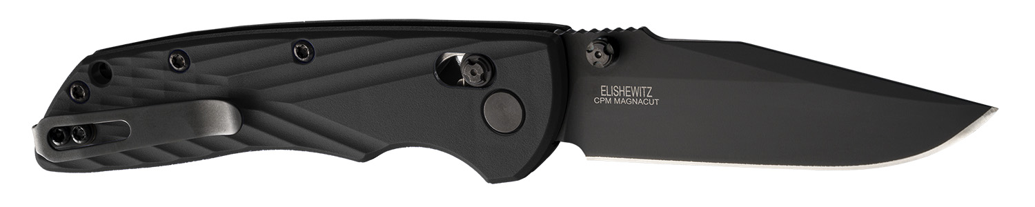 Hogue Deka 3.25" Folding Clip Point Plain Black Cerakote CPM MagnaCut SS Blade, Black Crosshatch Textured GRN Handle, Includes Pocket Clip