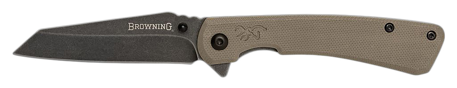 Browning 3220512 Branded Rock EDC 3" Folding Wharncliffe Plain Black Stonewashed 7Cr17MoV SS Blade, Flat Dark Earth G10 Handle