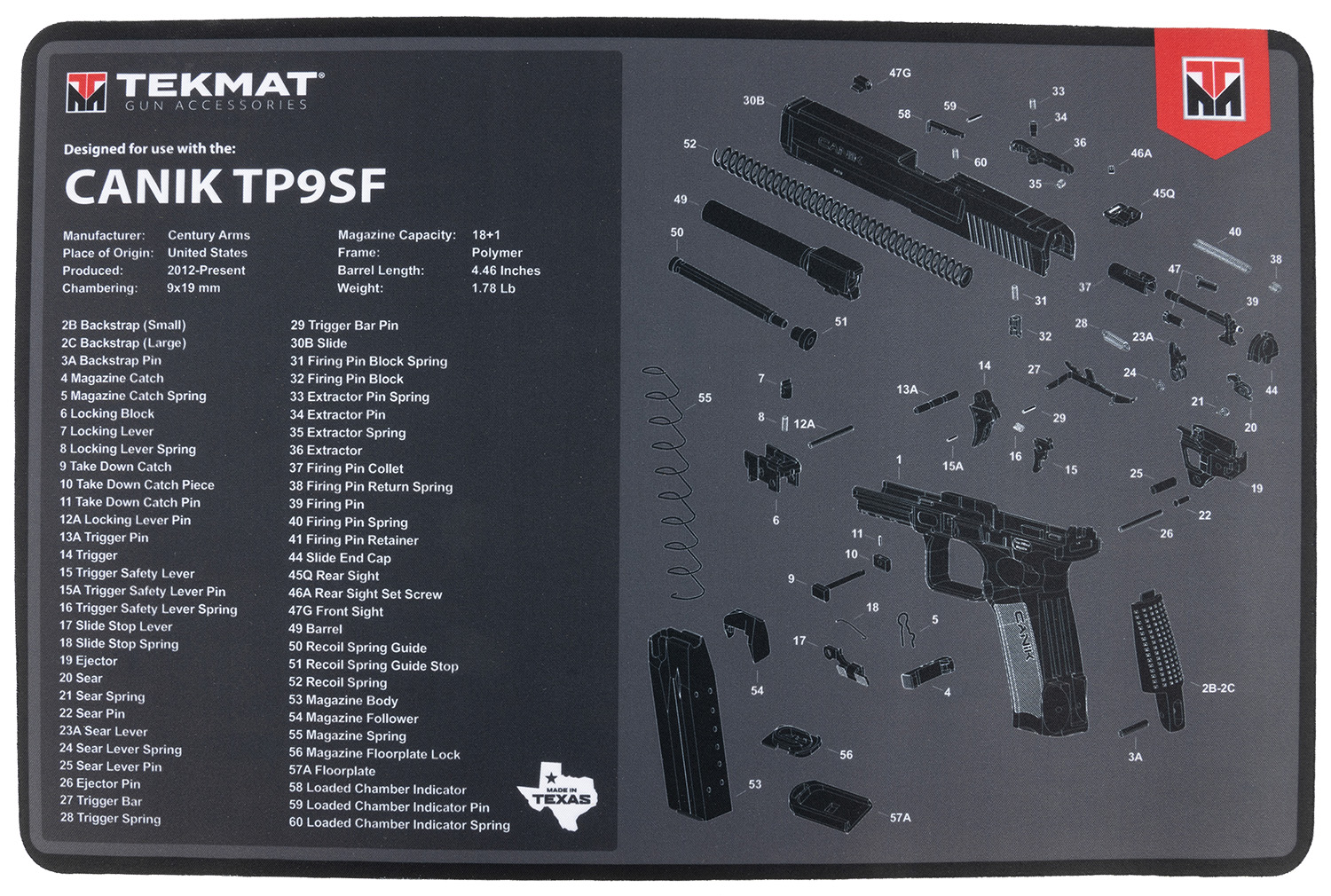 TekMat TEKR17CANIKTP9SF Cleaning Mat Black/Gray Rubber 11"x17" Canik TP9SF Diagram