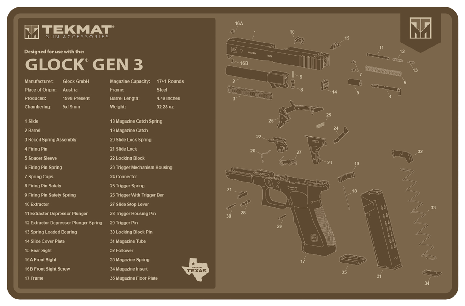 TekMat TEKR17GLOCKG3FDE Glock Gen 3 Cleaning Mat Flat Dark Earth Rubber 11"x17" Glock Gen 3 Parts Diagram