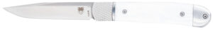 CobraTec Knives CTTHRWTABA154CM Trapper  Small 3.13" Folding Plain 154CM SS Blade, 4.25" White Abalone Scales Handle