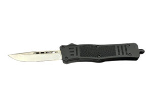Steel River Knives MT618BULDP MT618 Ultralight 3.25" OTF Drop Point Plain Polished D2 Steel Blade, 4.25" Black Aluminum Handle
