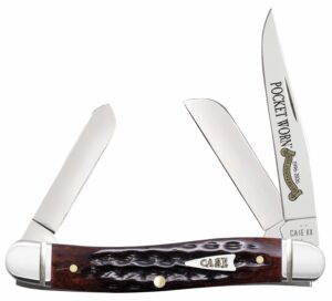 Case 55232 Pocket Worn Stockman Medium Folding Clip Point/Pen/Sheepsfoot Plain Tru-Sharp SS Blade, Mahogany Corn Cob Jigged Bone Handle