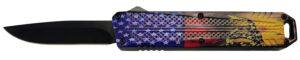 Xcaliber Knife Company  Don't Tread on Me  Medium 3.20" OTF Drop Point Plain Black 440C SS Blade, 4.80" US Flag Aluminum Handle