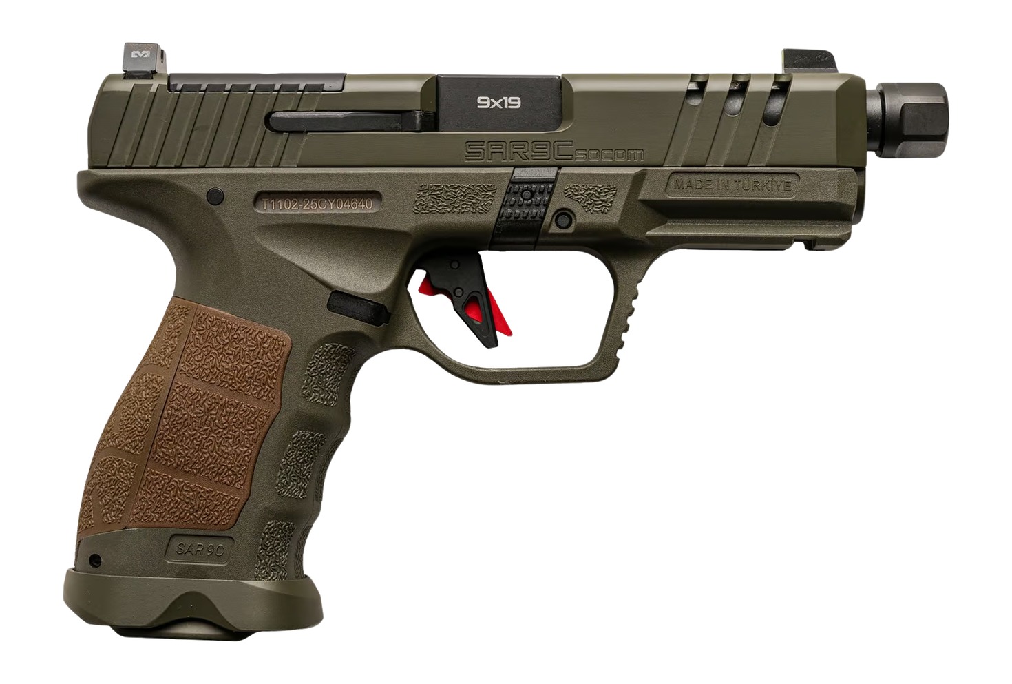 Sarsilmaz SAR9CSOCOMOD10 SAR9 SOCOM Compact 9mm Luger 10+1 4.70" Black Threaded Barrel, OD Green Steel Optic Cut/Serrated Slide, OD Green Polymer Frame w/Picatinny Rail, Interchangeable Backstrap Grip