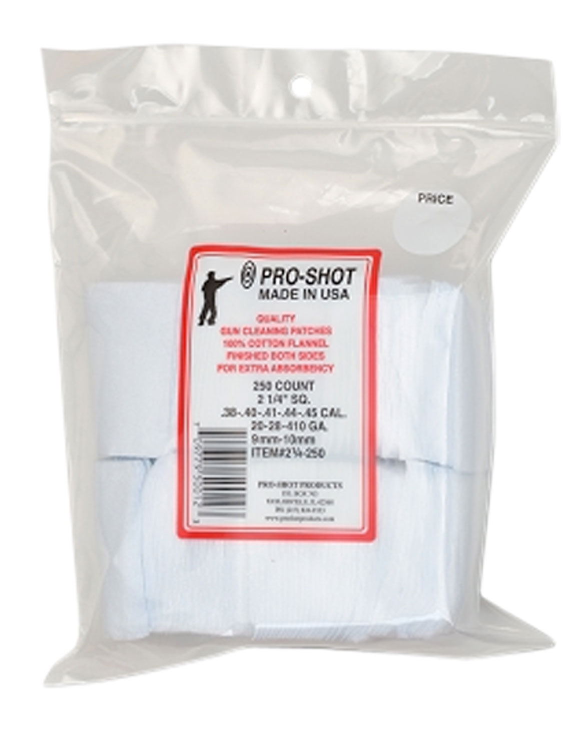 Pro-Shot 214250 Cleaning Patches .38 - .45 Cal/ .410 / 20 Gauge 2.25" Square Cotton Flannel 250 Pack