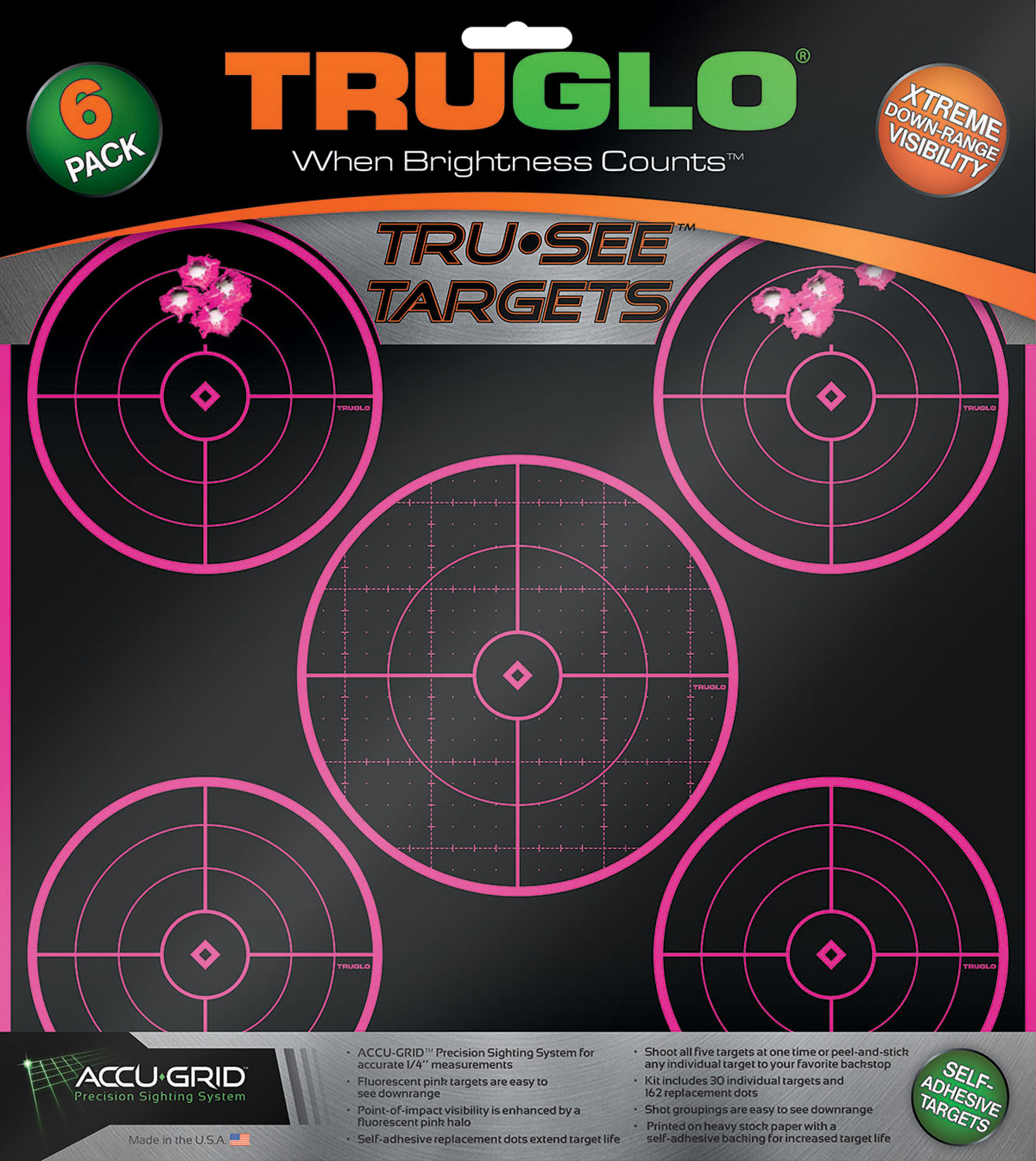 TruGlo TG11P6 Tru-See 5-Bull Target Self-Adhesive Heavy Paper Black/Pink 12"x12" 6 Pack