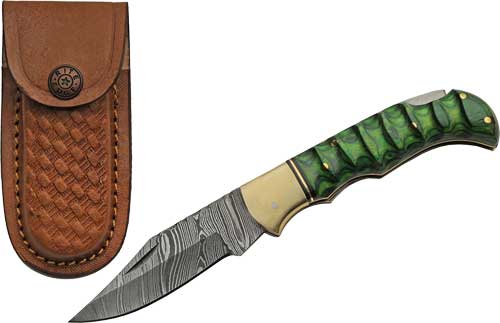 SZCO Rite Edge 3" Green Damascus Lockback Knife