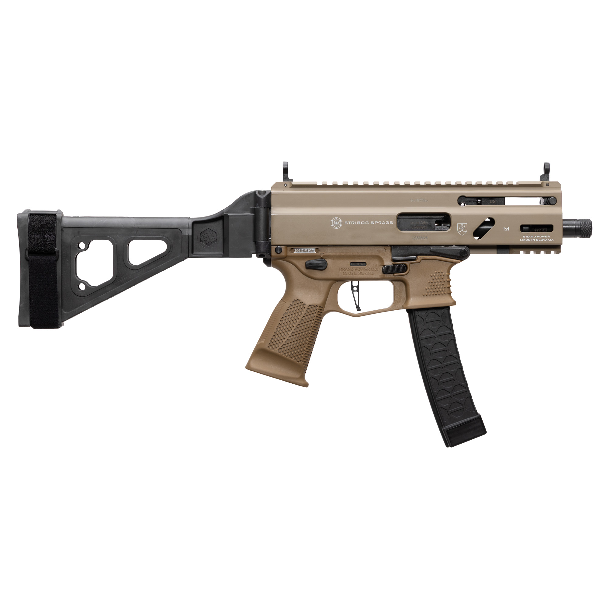 Grand Power Stribog SP9A3S 9mm Pistol with Brace FDE