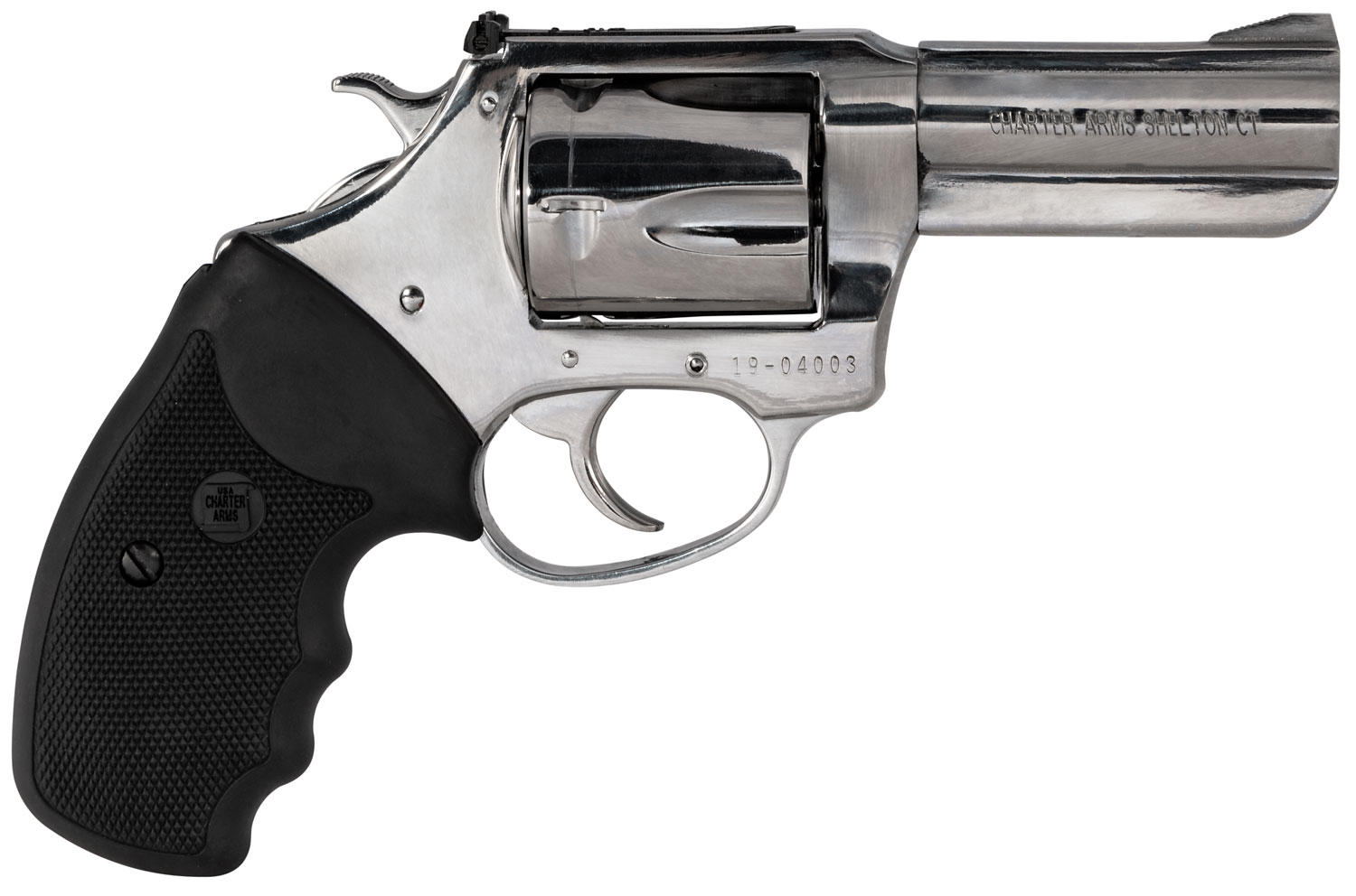 Charter Arms 73539 Mag Pug Large 357 Mag, 5 Shot 3" High Polished Stainless Steel Barrel, Cylinder & Frame w/Black Finger Grooved Rubber Grip