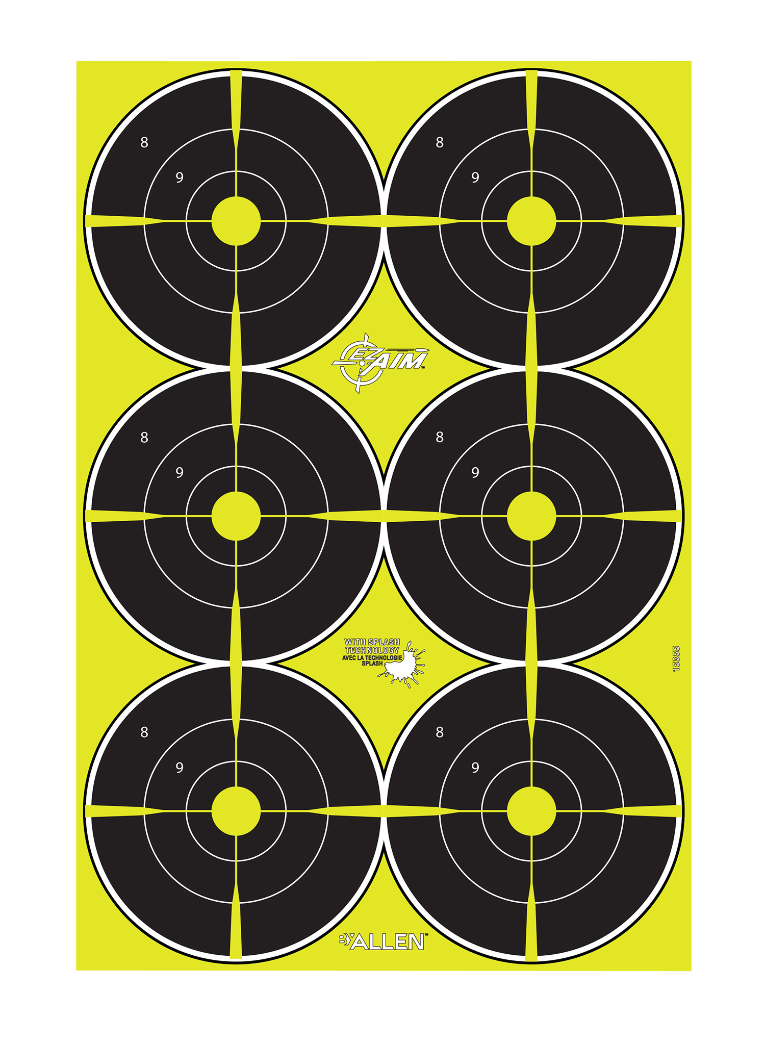 EZ-Aim 15355 Splash Reactive Bullseye Hanging Paper 12" x 18" Black/Yellow Yellow 8 Pack