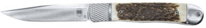 CobraTec Knives CTTHRSTG Trapper Hidden Release 3.12" Flip Open Drop Point Plain Satin D2 Steel Blade, 4.25" Stag Scales Handle