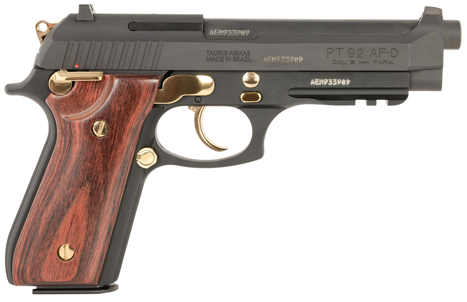 Taurus 1-920151GLD-HW1 92 Full Size Frame 9mm 17+1 5" Matte Black Stainless Steel Barrel, Matte Black Serrated Alloy Steel Slide, Matte Black w/Gold Accents Aluminum Frame w/Picatinny Rail, Wood Grip