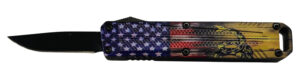 Xcaliber Knife Company  Drop Point  Mini 1.80" OTF Drop Point Plain Black 440C SS Blade, 3.52" US Flag Aluminum Handle