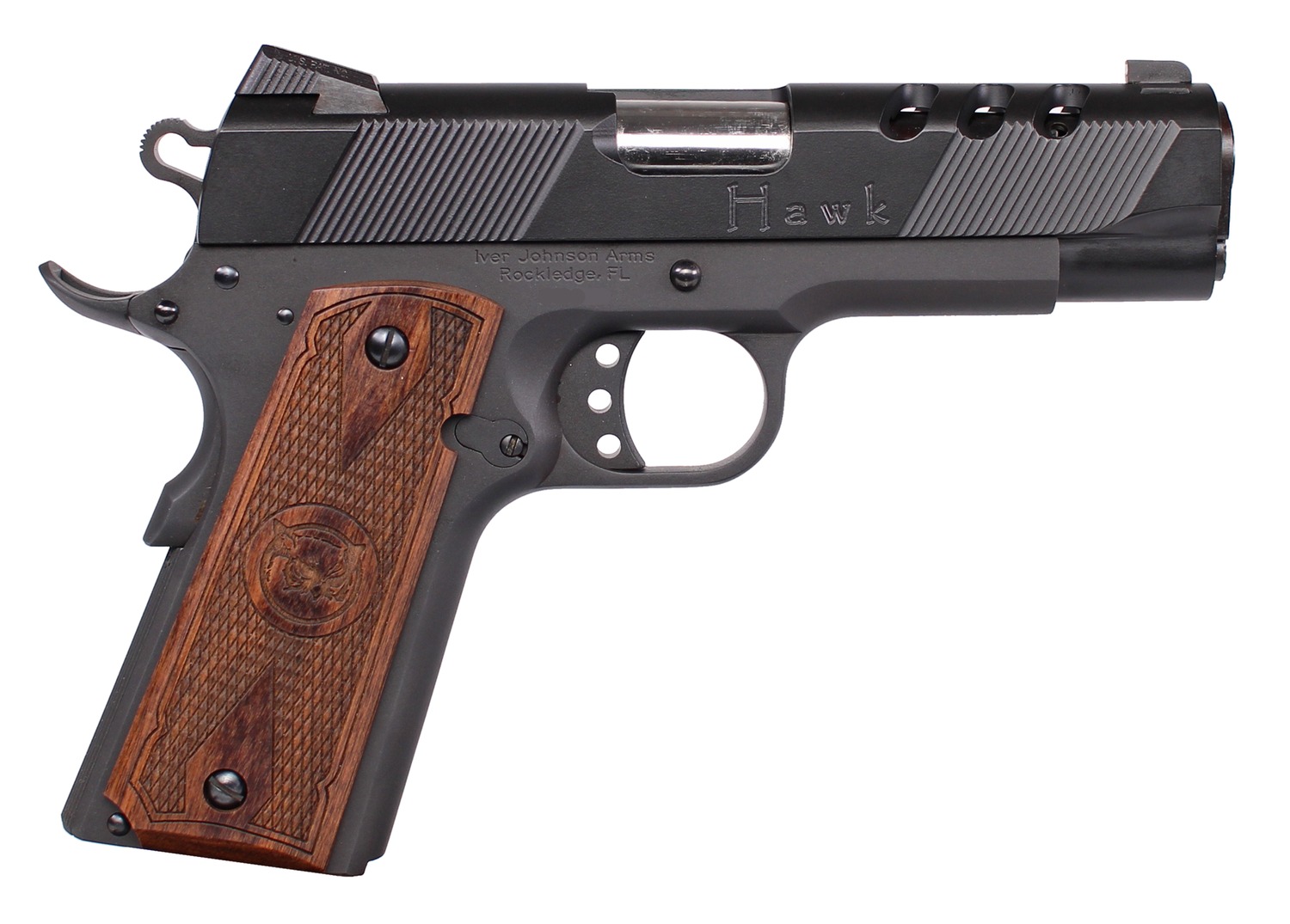 Iver Johnson Arms HAWK45P Hawk Commander 45 ACP 8+1 4.25" Black Ported Barrel, Matte Black Steel Ported/Serrated Slide, Matte Black Steel Frame w/Beavertail, Checkered Double Diamond Walnut Grip, Righ