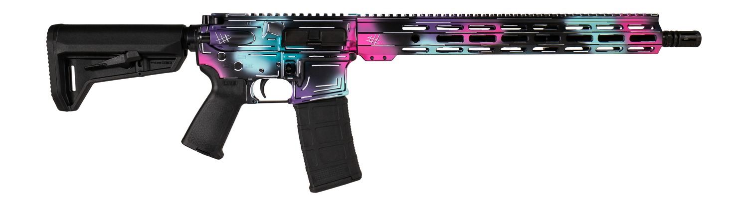 Shark Coast Tactical SCC101938DISB Anime-15 5.56 NATO 30+1 16" Black Nitride Threaded Barrel, Disco Cerakote Aluminum Receiver w/Picatinny Rail, M-LOK Handguard, Magpul Collapsible Black Polymer Stoc