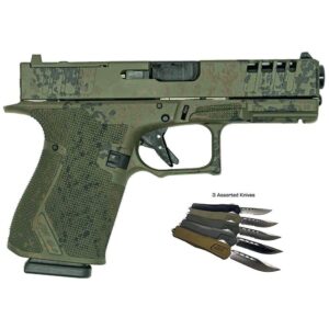 Great Lakes Striker Handgun Combo 9mm Luger 15rd Magazines (2) 4" Barrel Lichen Green OR with 3 OTF 3-1/2" Blade Knives